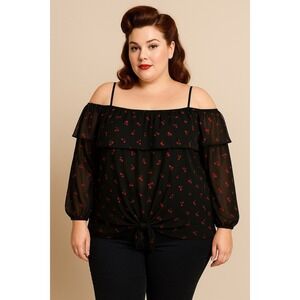 Ivy Rose 3X Black Cherry Print Off Shoulder Ruffle Flowy Peasant Sheer Top Retro